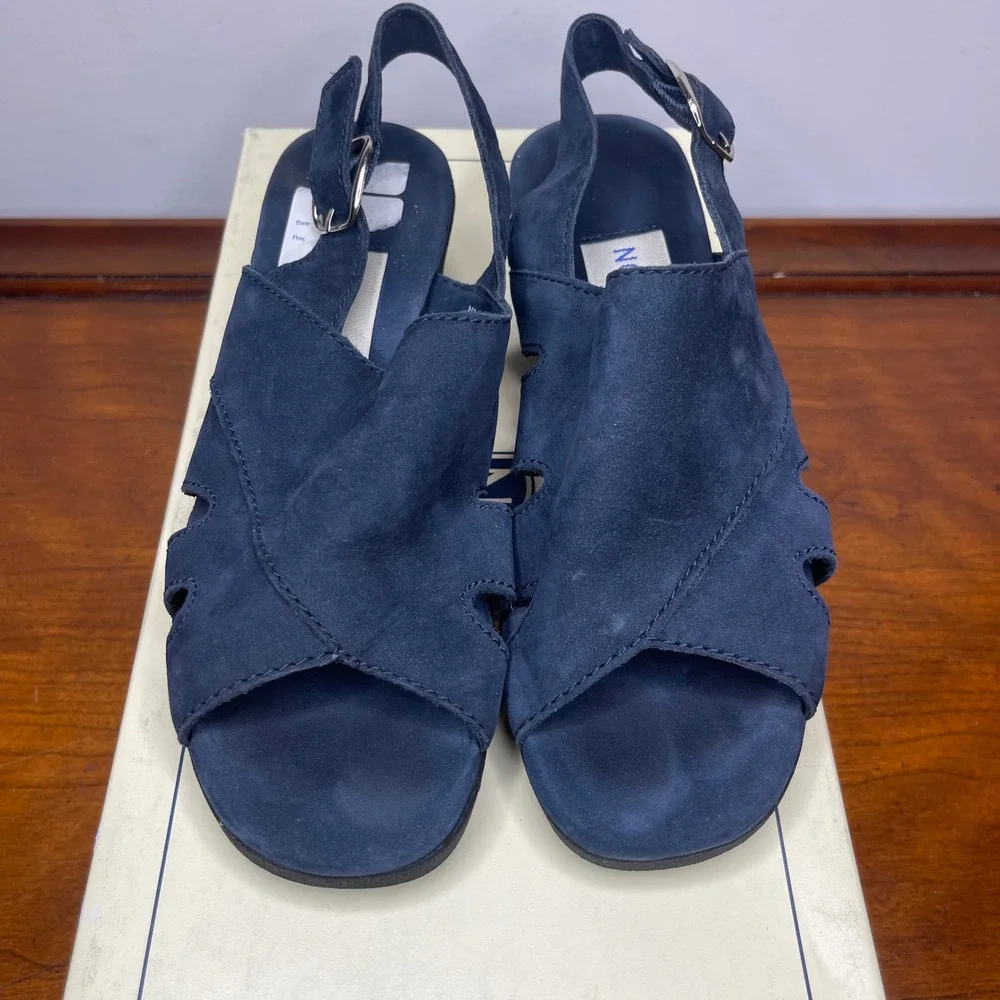 Vintage Nordstrom Dayton‎ Navy Nubuck Leather Wedge Slingback Sandals Womens 5M